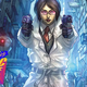 A young woman in a white overcoat and suit raises two pistols ready to fire against the backdrop of Blade Runner's cyberpunk dystopia.